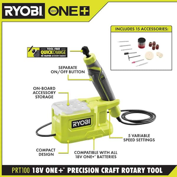 RYOBI ONE+ 18V Cordless Precision Craft Rotary Tool Kit with 1.5 Ah Battery, Charger, and Rotary Tool 29-Piece Kit