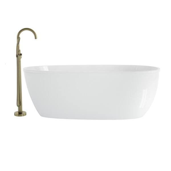 JACUZZI Signature 67 in. x 31.5 in. Soaking Bathtub and Reversible Drain in White with Round Tub Filler in Brushed Bronze