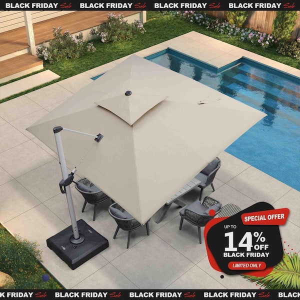 9 ft. x 11 ft. High-Quality Aluminum 360 Rotation Cantilever Polyester Outdoor Patio Umbrella with Base, Beige