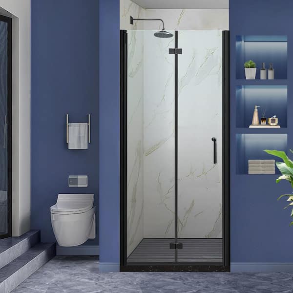 34-35.5 in. W x 72 in. H Bi-Fold Frameless Shower Door in Black with Clear Glass
