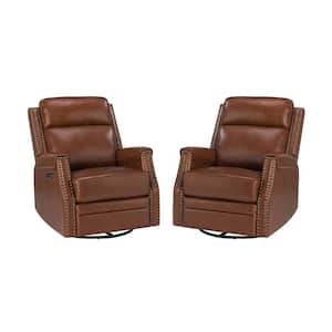 Leonhard Brown Transitional Electric Genuine Leather Rocking Recliner Nursery Chair Set with Nailhead Trims Set of 2