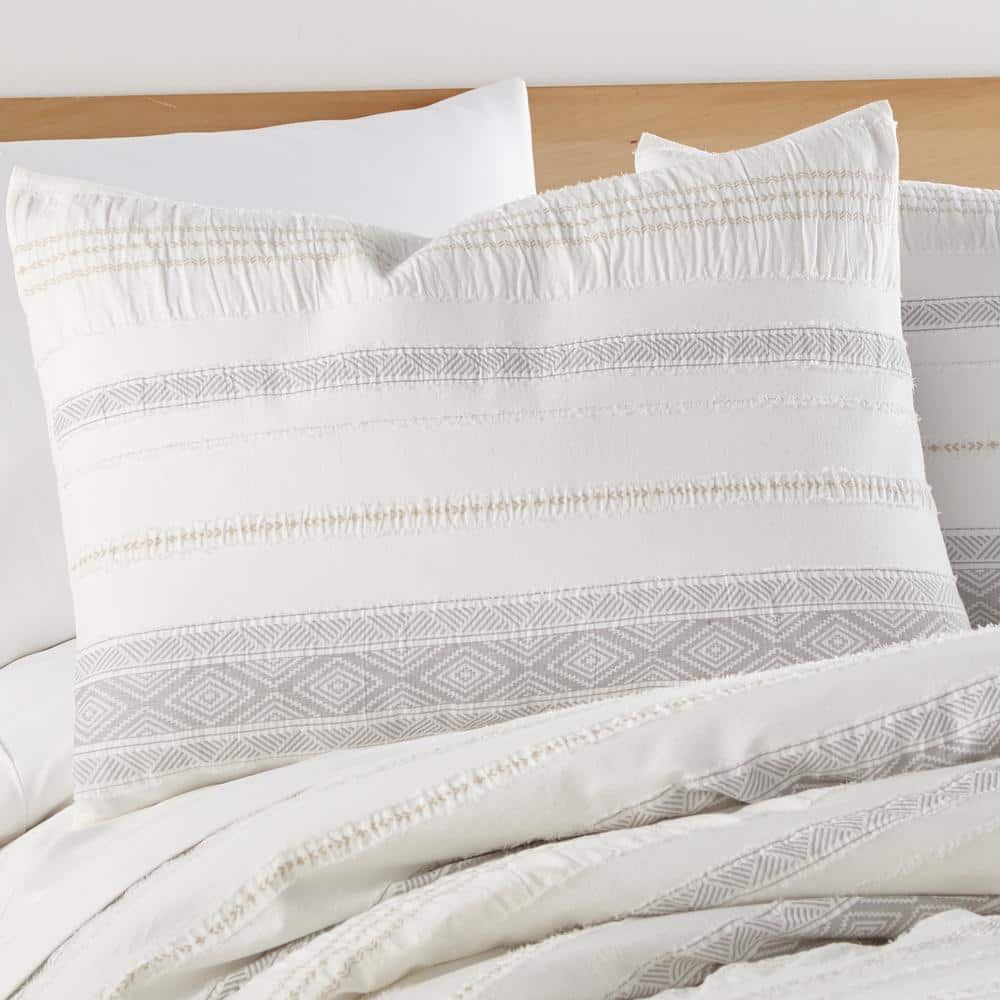 Pickford 3-Piece Grey, Taupe, Cream Stripe, Geometric Cotton Full/Queen Duvet Cover Set