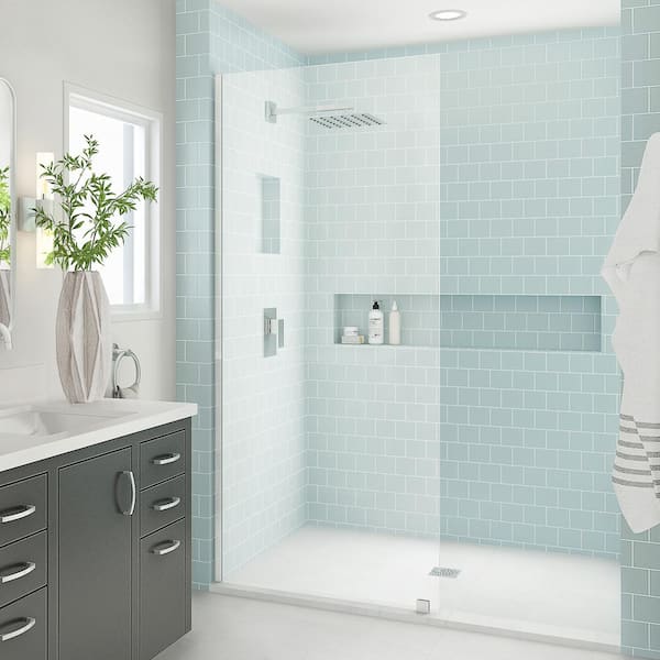 Aston Elyse XL 32 in. W x 80 in. H Fixed Frameless Shower Door in Brushed Stainless with Clear StarCast Glass