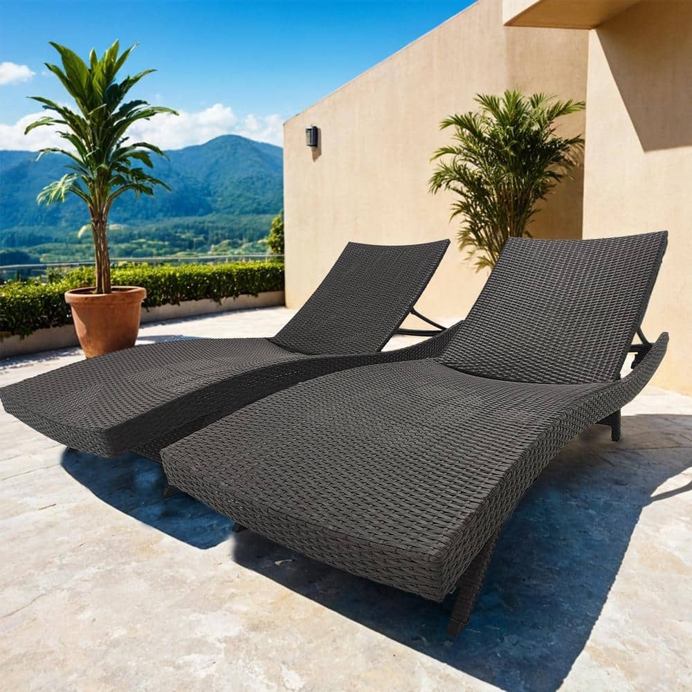 2-Piece Gray Resin Outdoor All-Weather Adjustable Patio Wicker Chaise Loung