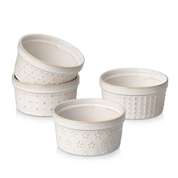4-Piece Round Ceramic Ramekin Set Oven Safe Bakeware for Souffle Creme Brulee Custard Pudding Dishes White