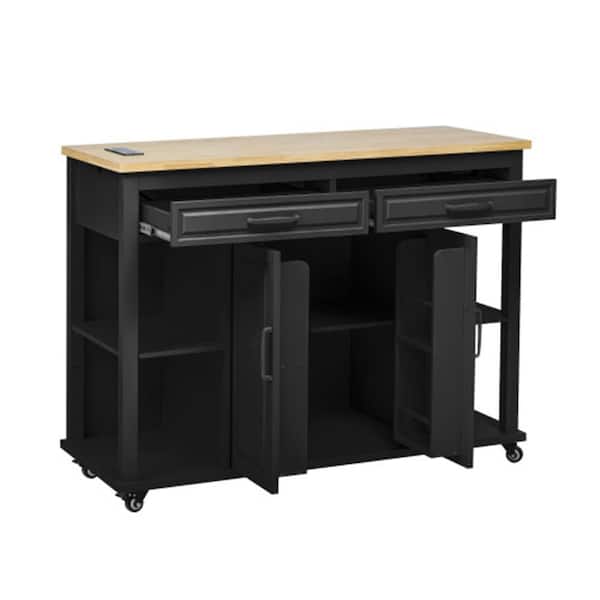 Black Wood 47.2 in. Kitchen Island Cart with Extendable Table, Storage Rack, Drawers, Power Outlet & Rubber Wood Top