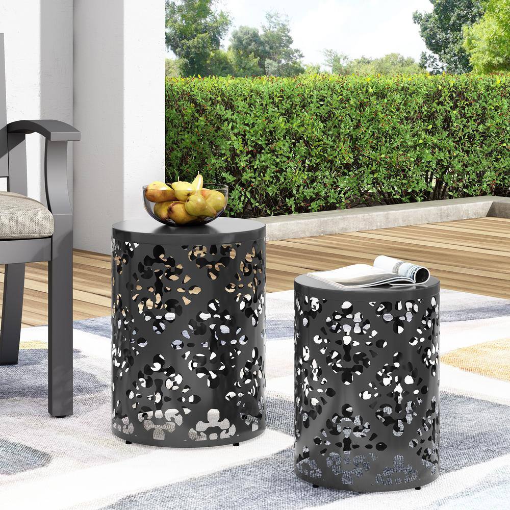 Black Cylindrical Iron Outdoor Patio Side Tables Set