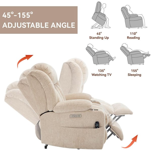 Beige Chenille Power Lift Recliner Chairs Electric Recliner with Massage and Heating, 2-Cup Holders and USB Ports