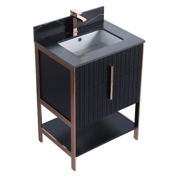 FINE FIXTURES 24 in. W x 18 in. D x 33.5 in. H in Black Matte Bath Vanity with Black Sintered Stone Top with Rose Gold Hardware