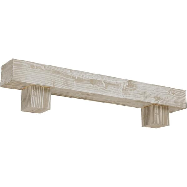 Ekena Millwork 8 in. x 12 in. x 4 ft. Sandblasted Faux Wood Fireplace Mantel Kit, Alamo Corbels, White Washed
