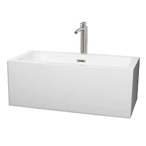 Melody 59.5 in. Acrylic Flatbottom Center Drain Soaking Tub in White with Floor Mounted Faucet in Brushed Nickel
