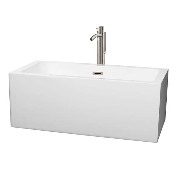 Wyndham Collection Melody 59.5 in. Acrylic Flatbottom Center Drain Soaking Tub in White with Floor Mounted Faucet in Brushed Nickel