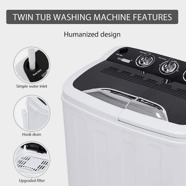 Mini Compact Twin Tub Washing Machine Washer 13lbs Spin Spinner Black &White New