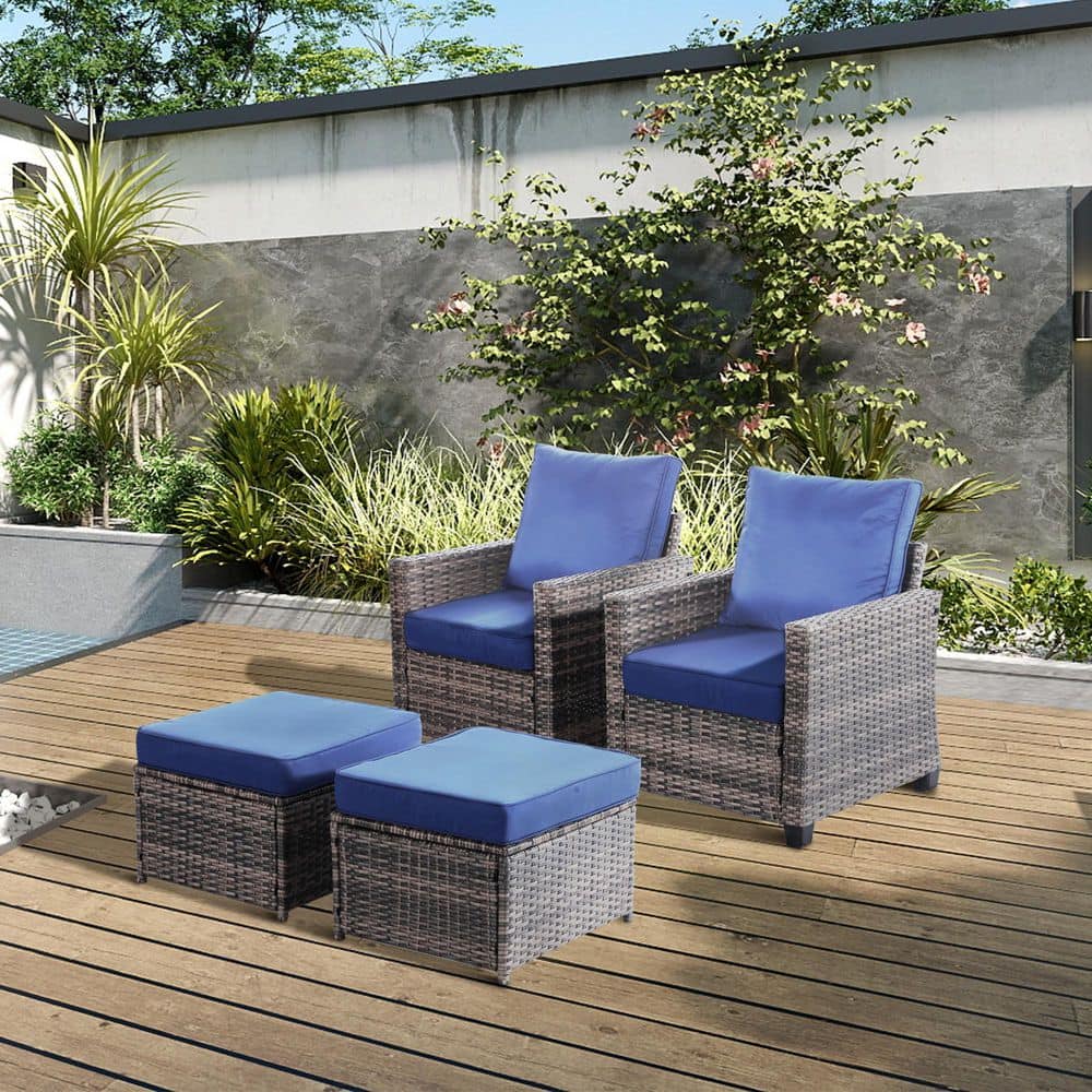 4-Piece Wicker Outdoor Sofa and Ottoman with Blue Cushions