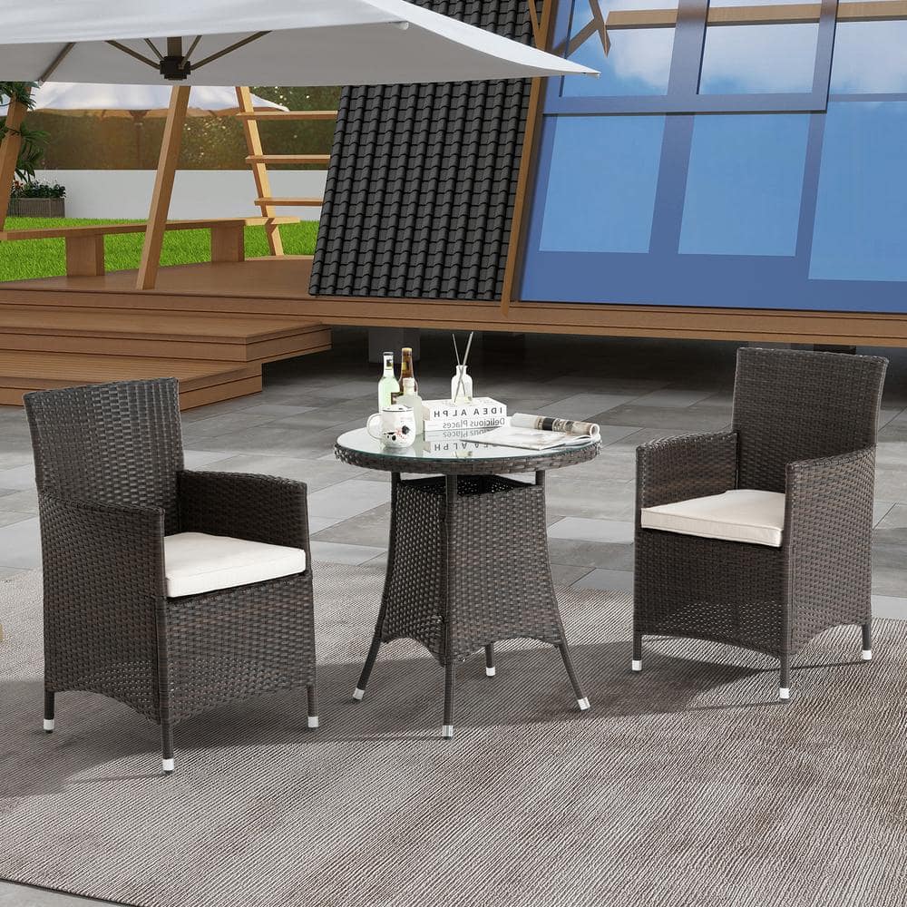 Brown 3-Piece All-Weather Wicker Outdoor Bistro Set with Beige Cushion and 