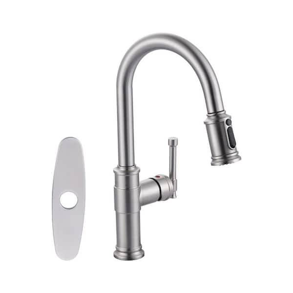 16 in. High-Arc 3-Mode Single Handle 360° Swivel Pull-Down Sprayer Kitchen Faucet with Deckplate in Brushed Nickel