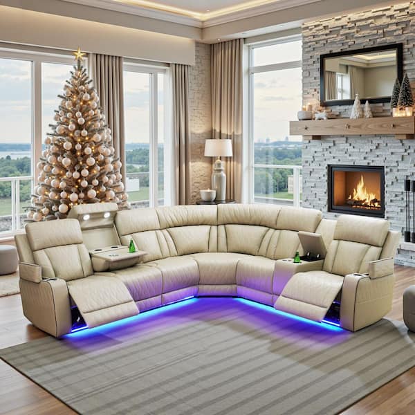 211 in. Overall Straight Arm Leather L-Shape Recliner Sofa Set in Beige, 6 Seats Sectional with USB, cup holders