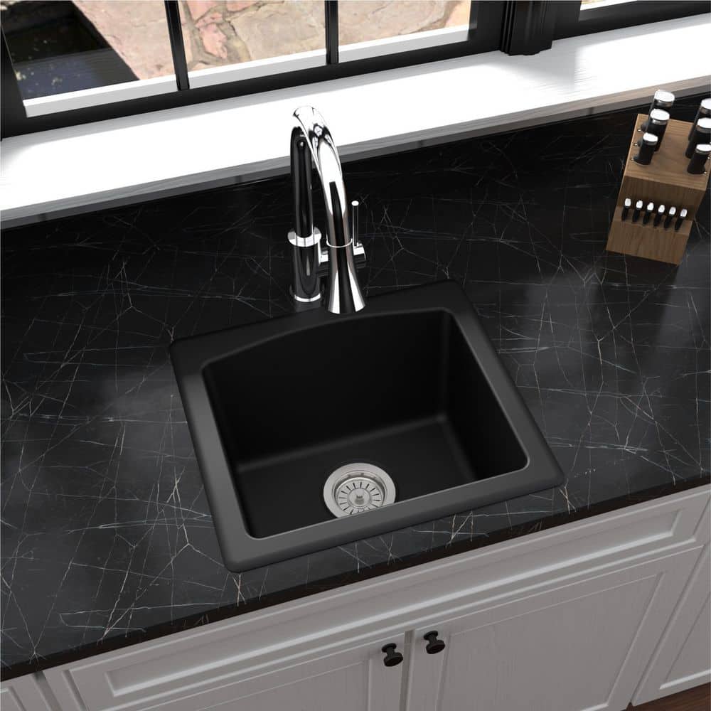 Black Quartz Composite 18'' Single Bowl Dual Mount Kitchen Sink