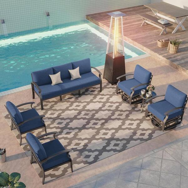 Halmuz 7-Seat Aluminum Patio Conversation Set with Swivel Rocking Chairs, 55,000 BTU Pyramid Propane Heater and Cushion Navy