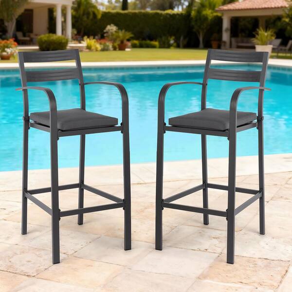Gray Aluminum Frame Outdoor Bar Stool with Gray Cushions (2-Pack)