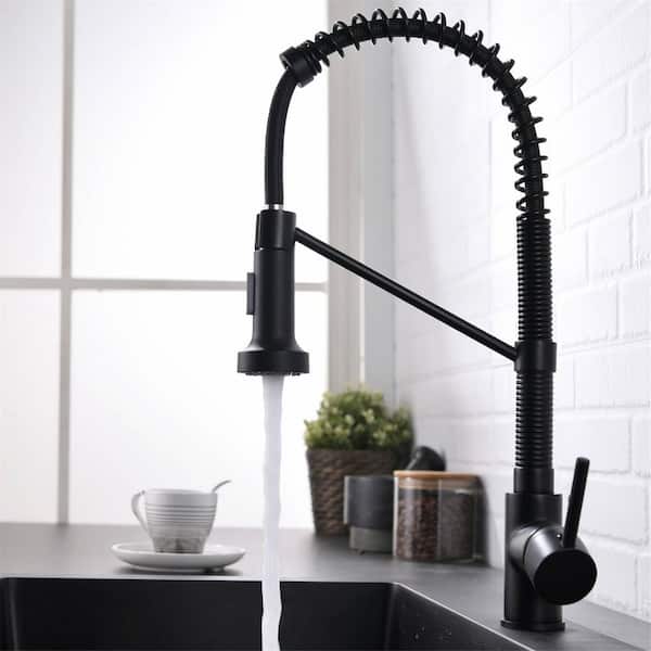 FLG Single Handle Pull Down Kitchen Faucet with Sprayer 1 Hole Commercial Spring Modern Brass Kitchen Sink Tap Matte Black