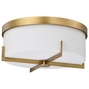 Roselle 14.38 in. 3-Light Natural Brass Flush Mount with White Glass Shade