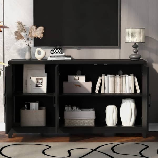 Polibi Black TV Stand Fits TV's up to 65 in. with 2 Spacious Storage Space, Solid Wood Legs