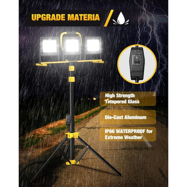 110 Volt. Black 21000 Lumens Adjustable 3-Head LED Work Light with Foldable Tripod Stand for Jobsite & Garage