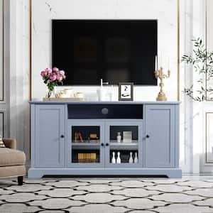 U-Can 59.8 in. White TV Stand with 2 Tempered Glass Doors Adjustable ...