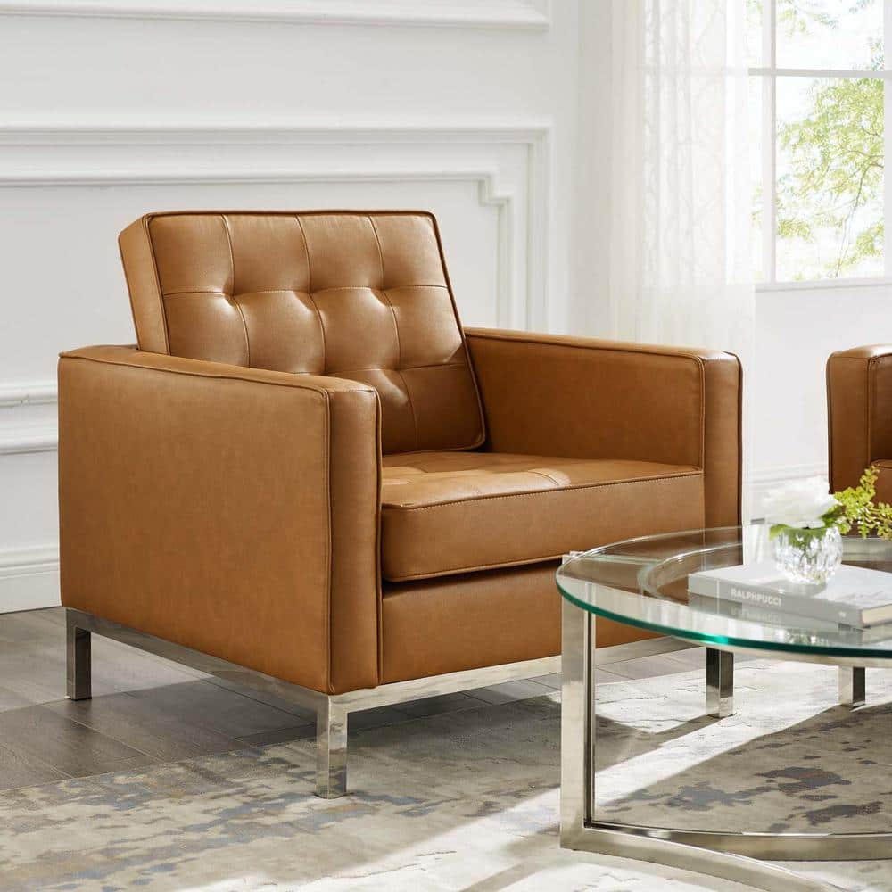 Mid-Century Modern Silver Tan Faux Leather Accent Chair