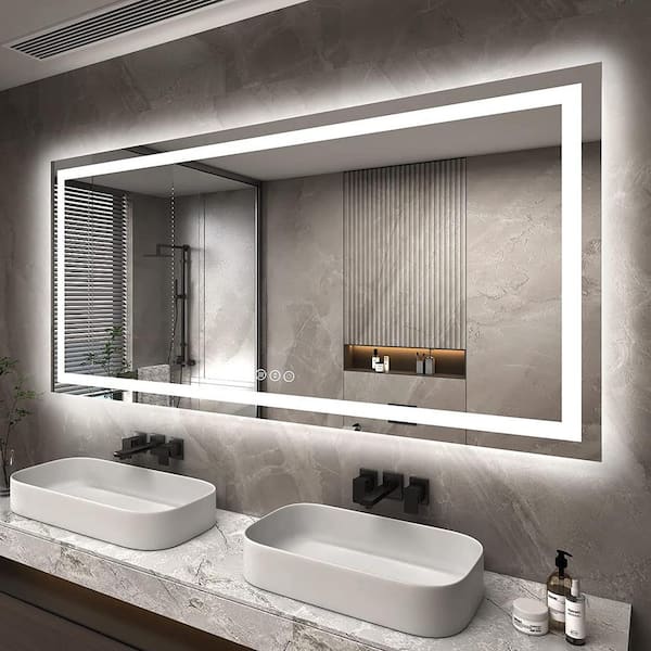 72 in. W x 36 in. H Rectangular Frameless Front and Back Lighted Anti-Fog Wall Bathroom Vanity Mirror, Tempered Glass