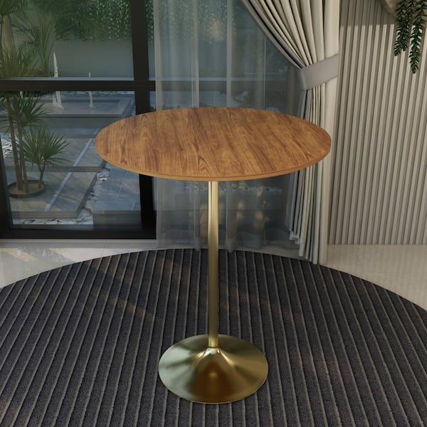 Leisuremod Round 36 in. Bar Height Dining Table with MDF Top and Gold Steel Pedestal Base Verve Collection in Cognac Brown