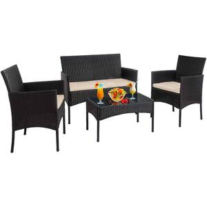 Black 4-Piece Wicker Patio Conversation Set with Beige Cushions