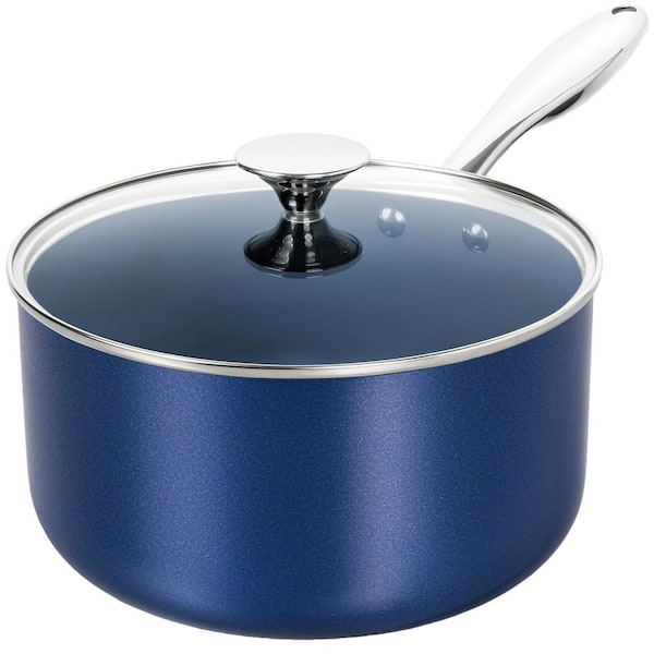 Blue Aluminum 4 qt. Non-Stick Saucepan with Lid and Stainless Steel Handle Induction Compatible, Oven Safe