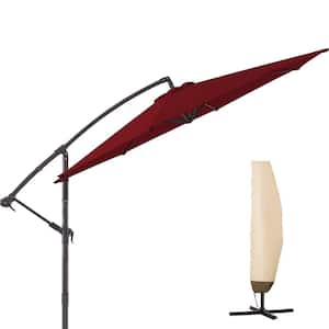 10 ft. Aluminum Patio Offset Umbrella Outdoor Cantilever Umbrella with Cover, Crank in Burgundy