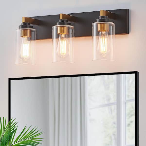 20.5 in. 3-Light Black and Brushed Gold Vanity Light with Clear Glass Shade