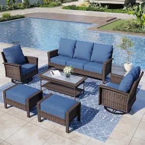 Black 6-Pieces Metal Patio Conversation Sectional Seating Set with Swivel Sofa Chairs, Glass Top Table and Blue Cushions