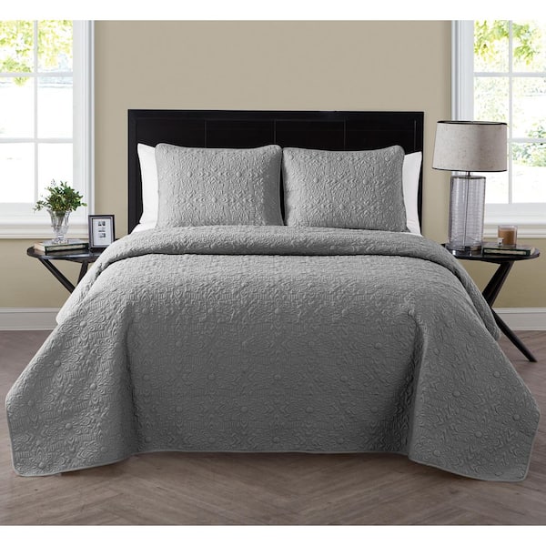 Caroline 3 Piece Grey Embossed Microfiber Full/Queen Quilt Set