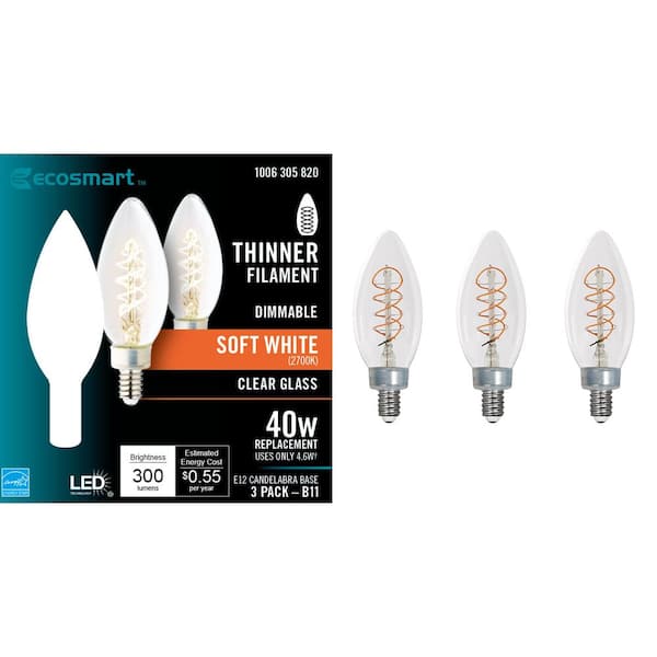 EcoSmart 40-Watt Equivalent B11 Dimmable Clear Filament Vintage Style LED Light Bulb Soft White (48-Pack) EcoSmart 40-Watt Equivalent B11 Dimmable Clear Filament Vintage Style LED Light Bulb Soft White (48-Pack)