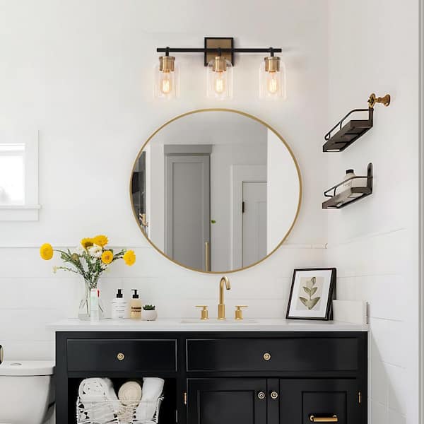 19.5 in. 3-Light Brass Gold Bathroom Vanity Light, Black Wall Sconce for Mirrors, Modern Bath Lighting with Clear Glass