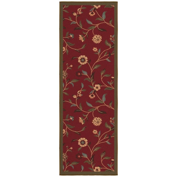 Ottomanson Basics Collection Non-Slip Rubberback Floral Leaves 2x5 Indoor Runner Rug, 1 ft. 8 in. x 4 ft. 11 in., Red