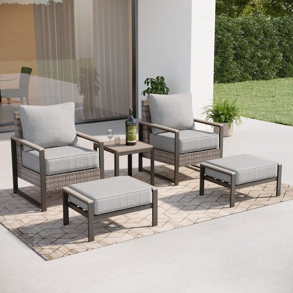 Sonkuki 5 Pieces Patio Conversation Set Sofa Set with Ottomans and Side Table Gray PE Wicker with Linen Grey Cushion
