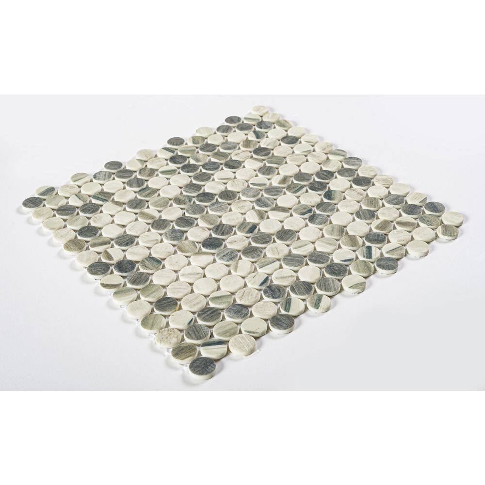 Rei White and Gray Glass Penny Round Mosaic Tile Sample