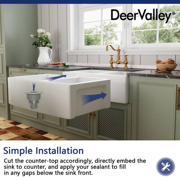 DeerValley White Ceramic 33 in. Single Bowl Farmhouse Apron Workstation Kitchen Sink with Accessories