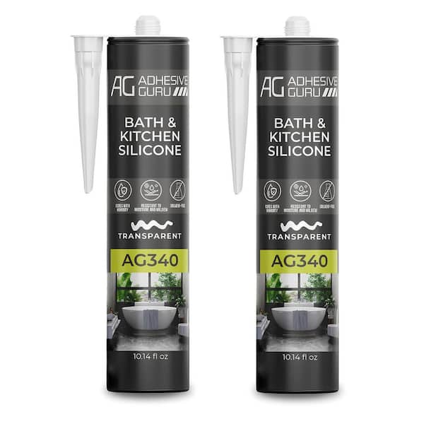 AG ADHESIVE GURU AG340 100% Silicone Sealant for Bath & Kitchen, 10.14 oz.-Transparent Clear, Waterproof, Mold-Resistant Caulk (2 Pack)