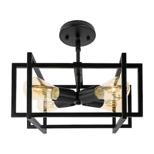 Rectangular Open Cage 14 in. 4-Light Black Semi- Flush Mount Light