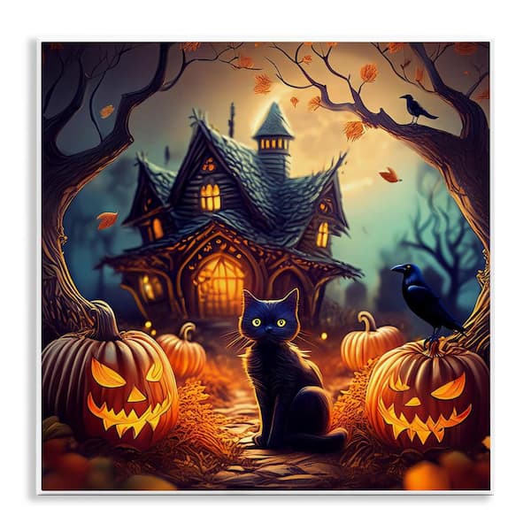 Stupell Industries Haunted House and Black Cat by Alina Georgescu Unframed Animal Graphic Art Print 12 in. x 12 in.