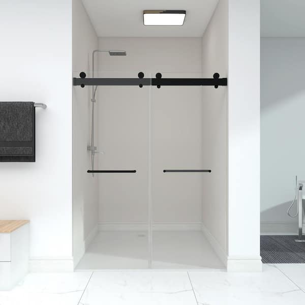 ANGELES HOME 57-60 in. W x 79 in. H Frameless Double Sliding Shower Door,3/8" Tempered Glass,Smooth Door Closing,Matte Black