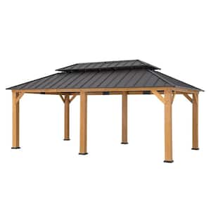 12 ft. x 20 ft. Wood Gazebo Outdoor Patio Cedar Framed Gazebo with 2-Tier Metal Roof, Dark Brown