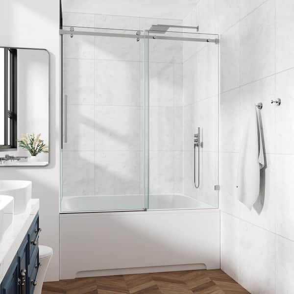 60 in. W x 76 in. H Double Sliding Frameless Bath Shower Door in Brushed Nickel with Easy-Clean 3/8 in. Glass